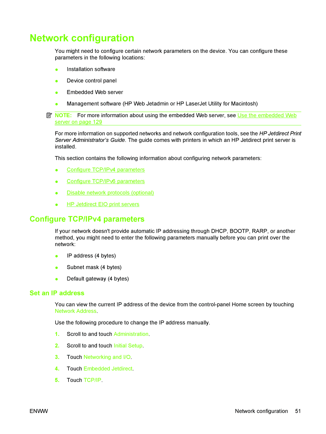 HP M3027/M3035 manual Network configuration, Configure TCP/IPv4 parameters, Set an IP address 