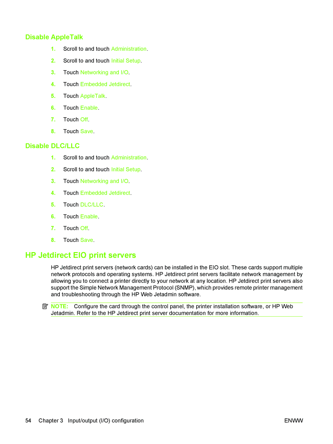 HP M3027/M3035 manual HP Jetdirect EIO print servers, Disable AppleTalk, Disable DLC/LLC 