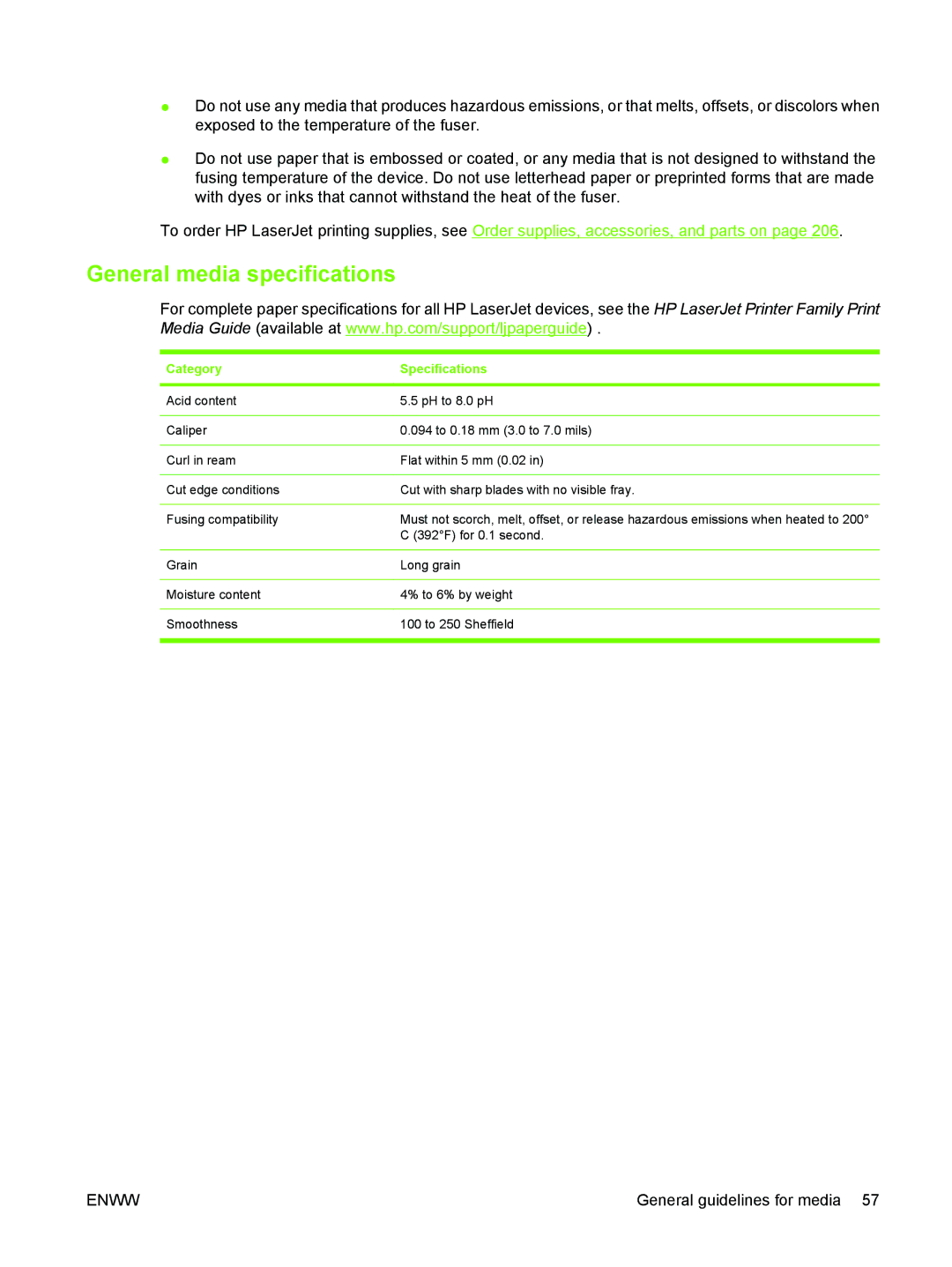 HP M3027/M3035 manual General media specifications, Category Specifications 