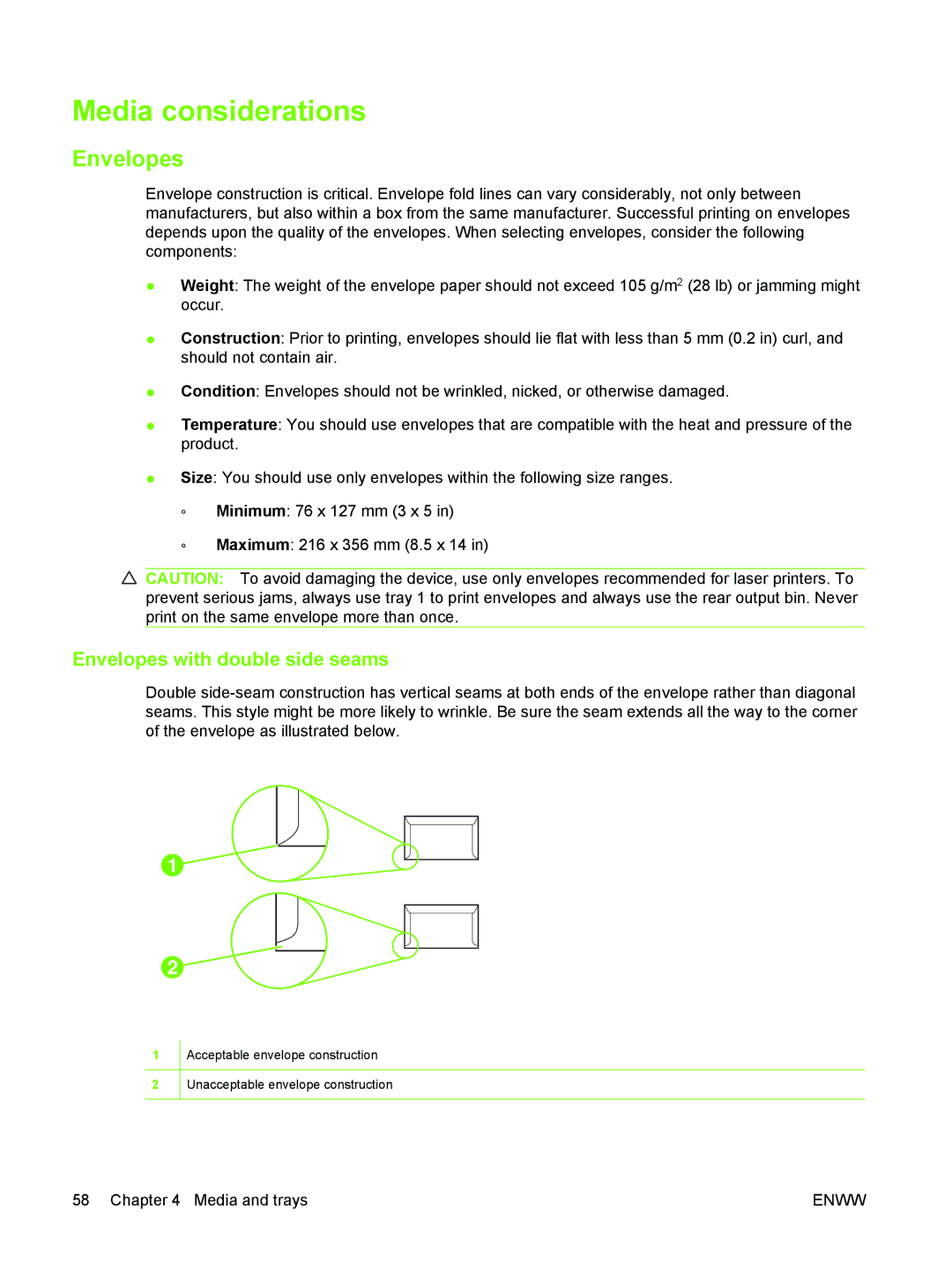 HP M3027/M3035 manual Media considerations, Envelopes with double side seams 