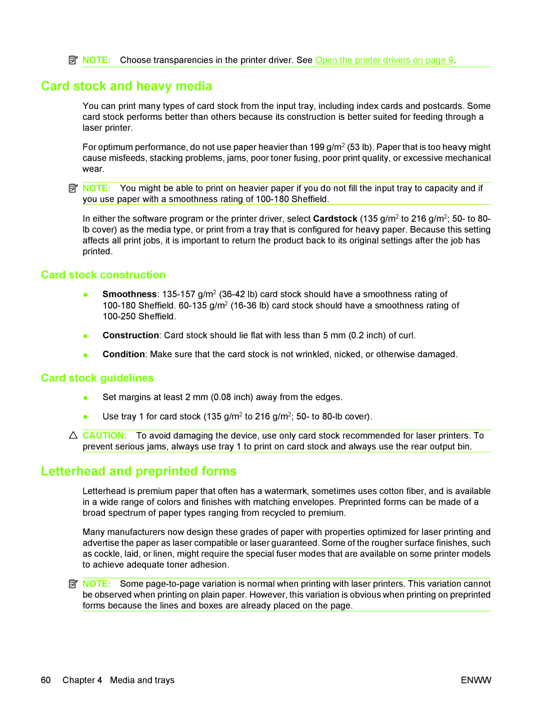HP M3027/M3035 Card stock and heavy media, Letterhead and preprinted forms, Card stock construction, Card stock guidelines 