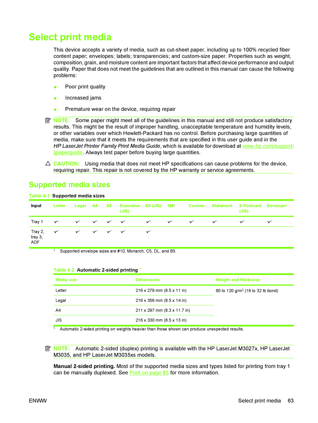 HP M3027/M3035 manual Select print media, 1Supported media sizes, 2Automatic 2-sided printing 