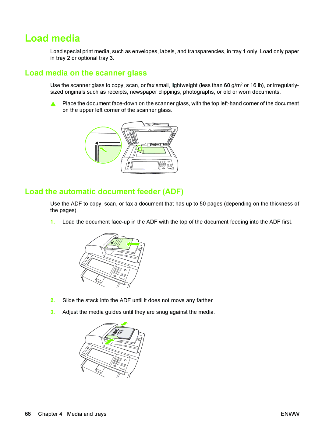 HP M3027/M3035 manual Load media on the scanner glass, Load the automatic document feeder ADF 