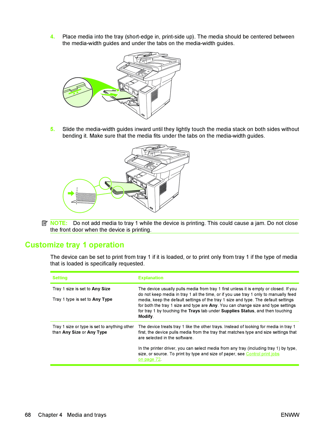 HP M3027/M3035 manual Customize tray 1 operation, Setting Explanation 