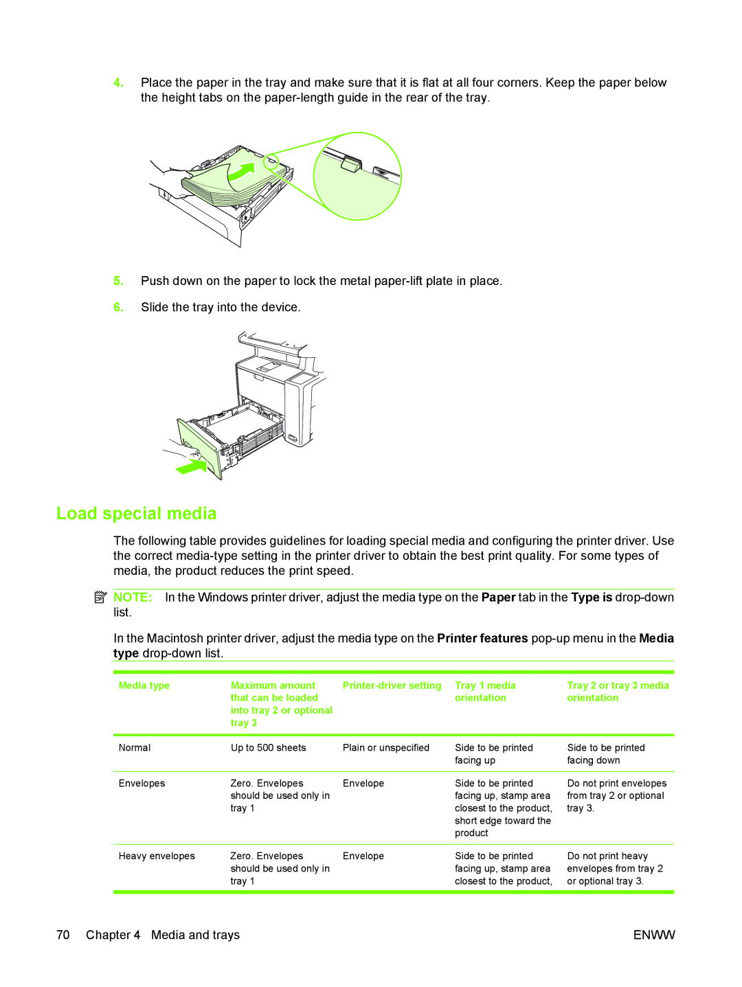 HP M3027/M3035 manual Load special media, Media type Maximum amount That can be loaded, Tray 