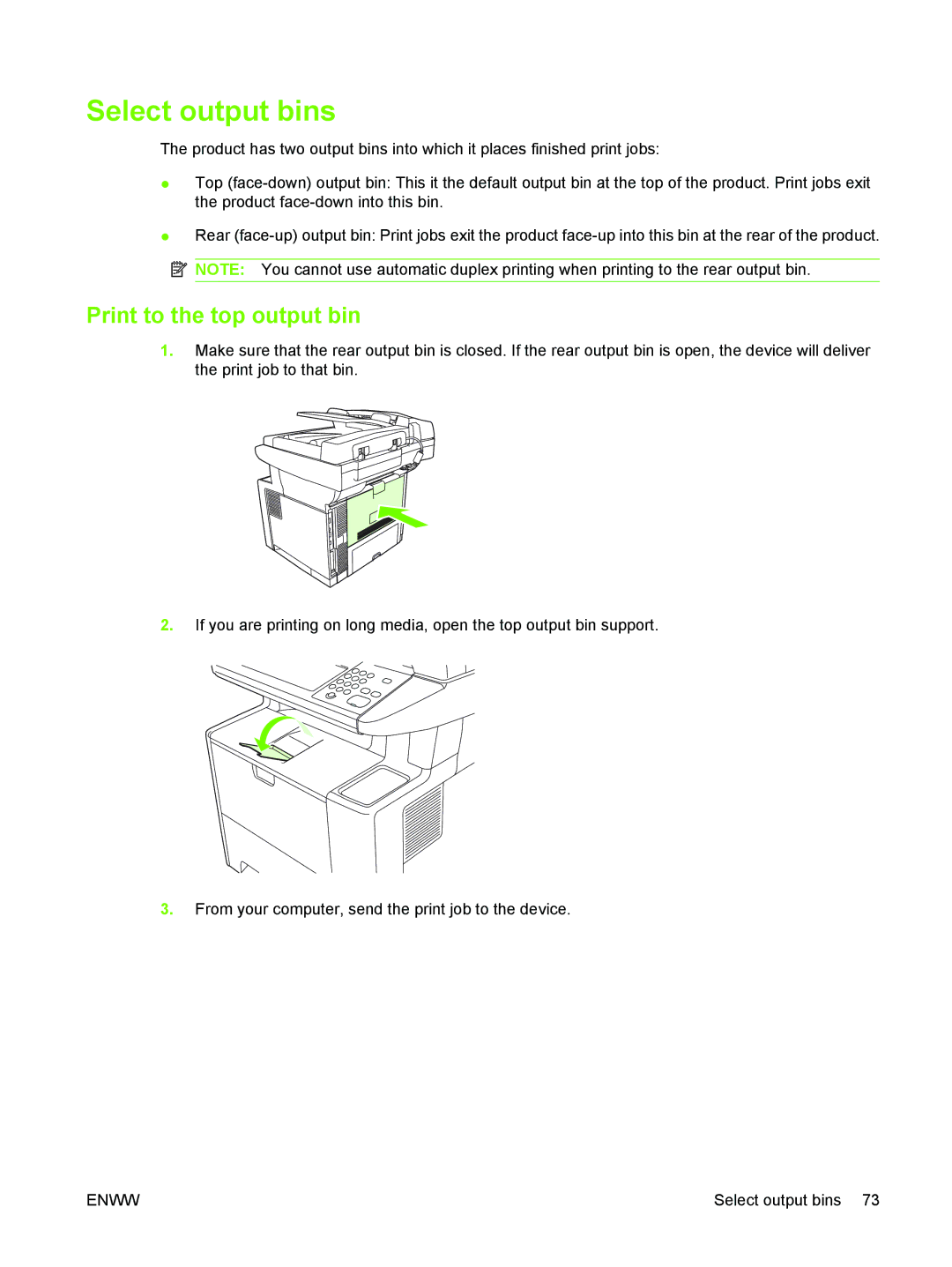 HP M3027/M3035 manual Select output bins, Print to the top output bin 