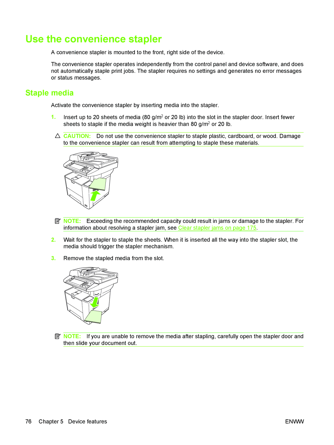 HP M3027/M3035 manual Use the convenience stapler, Staple media 