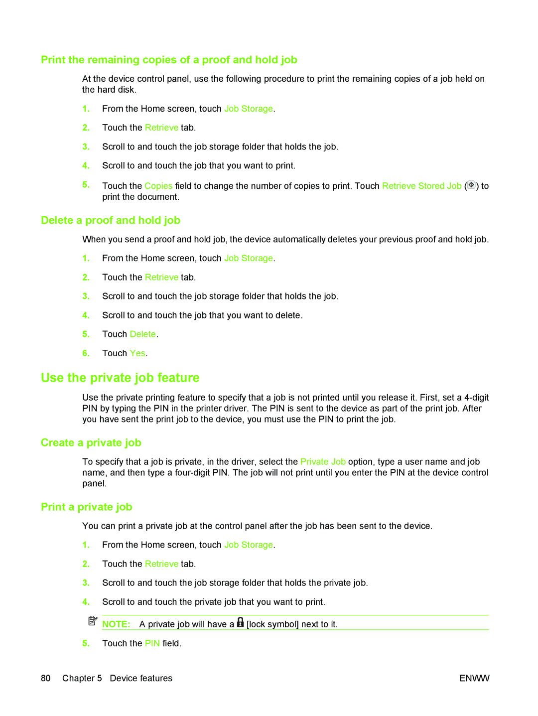 HP M3027/M3035 manual Use the private job feature, Print the remaining copies of a proof and hold job, Create a private job 