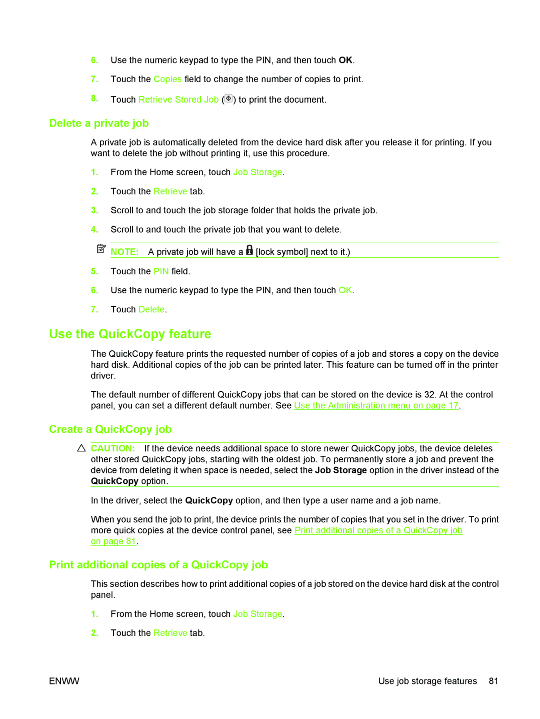 HP M3027/M3035 manual Use the QuickCopy feature, Delete a private job, Create a QuickCopy job 