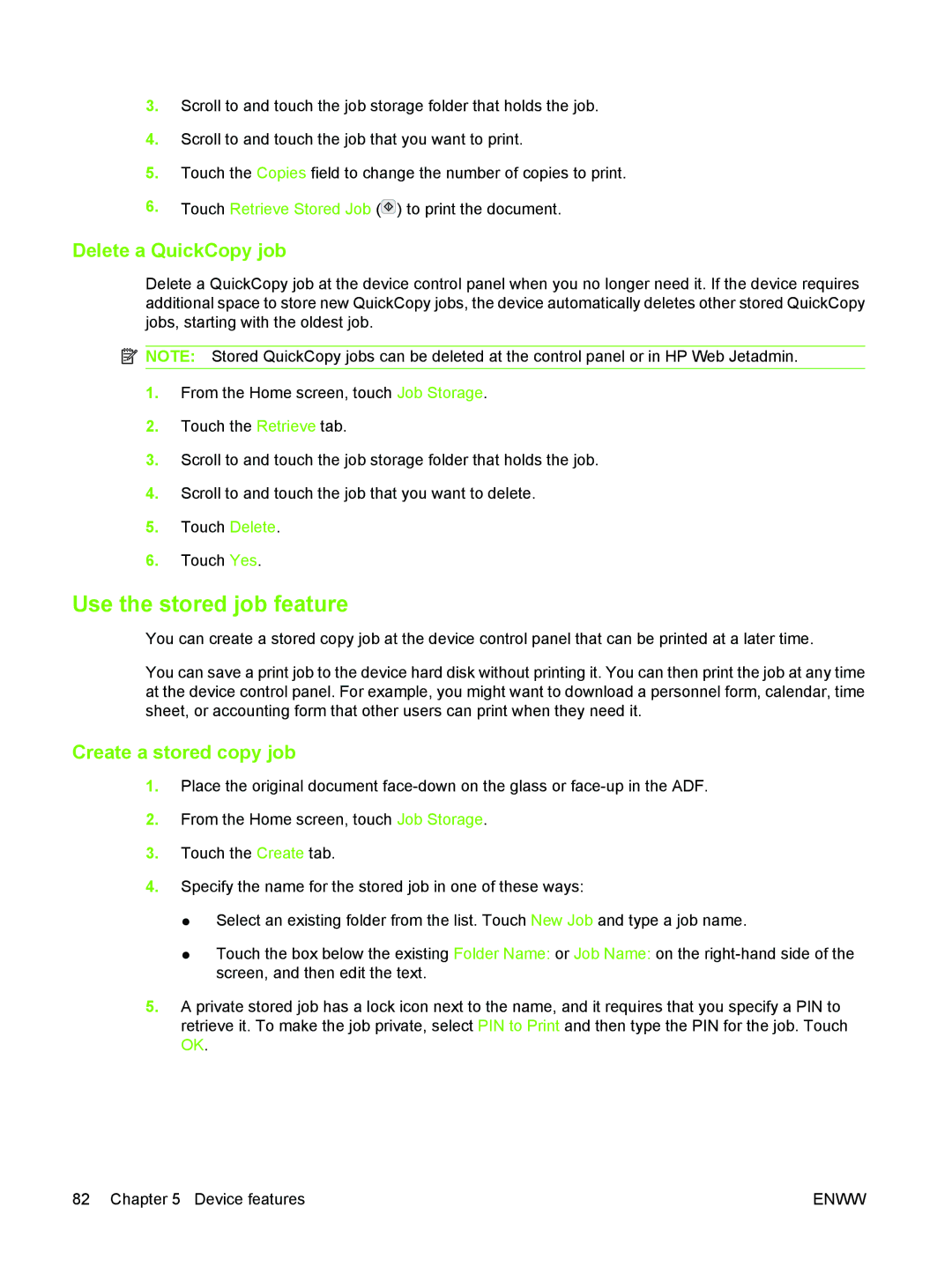 HP M3027/M3035 manual Use the stored job feature, Delete a QuickCopy job, Create a stored copy job 