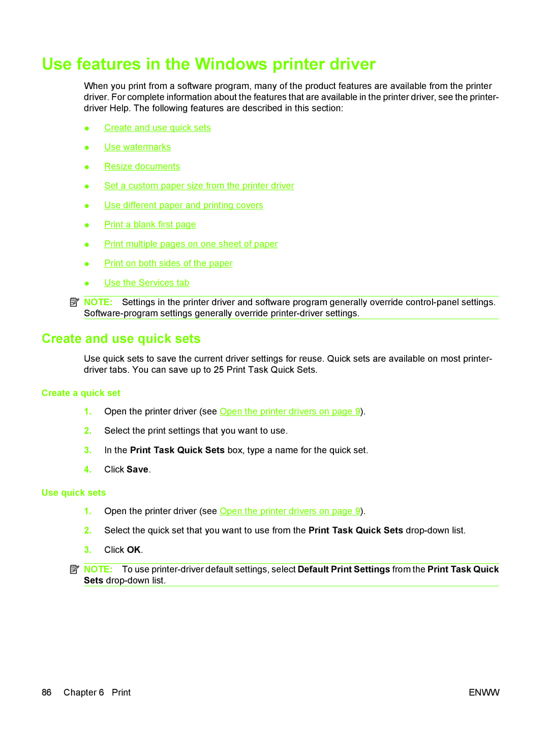 HP M3027/M3035 Use features in the Windows printer driver, Create and use quick sets, Create a quick set, Use quick sets 