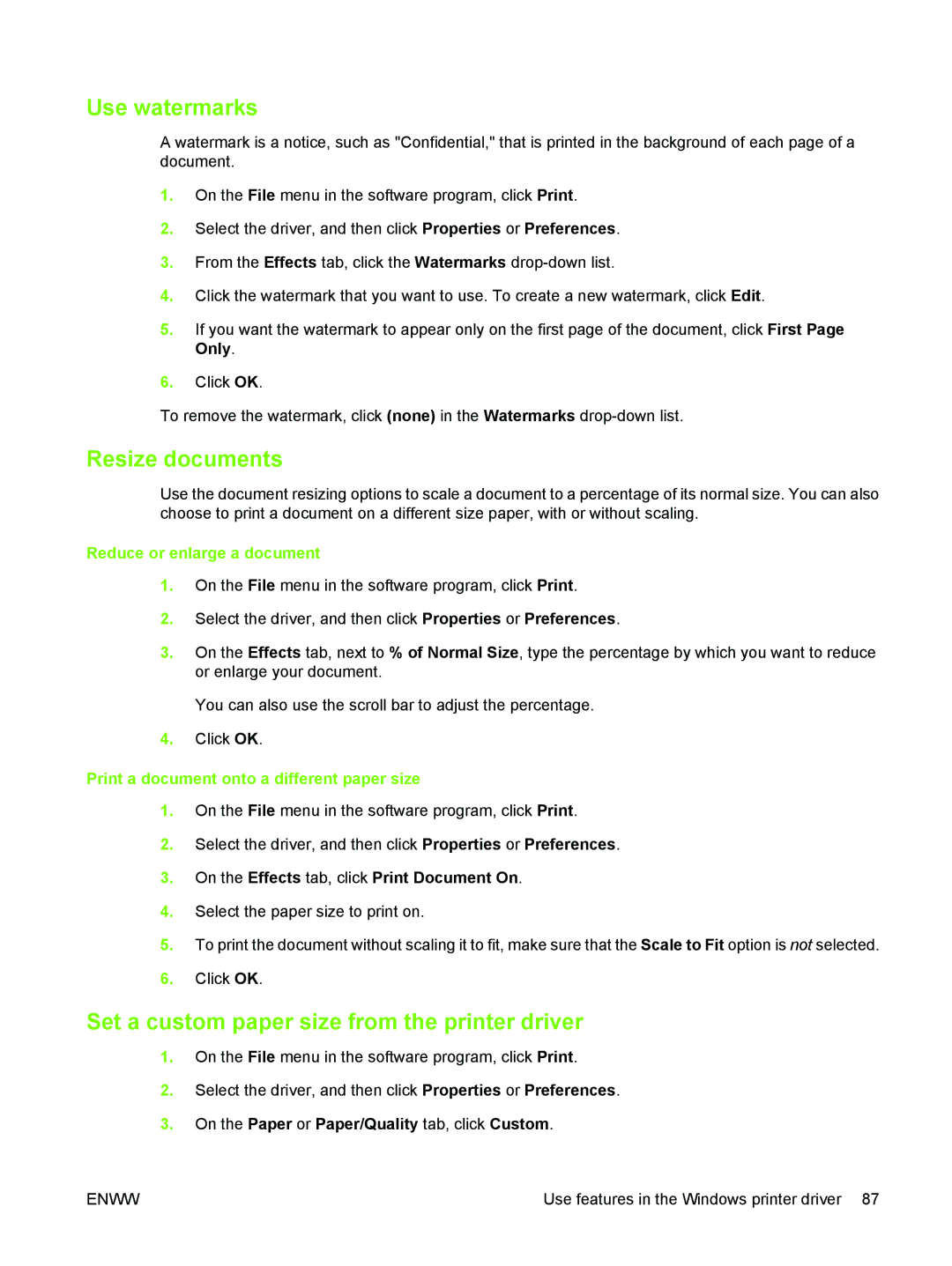 HP M3027/M3035 manual Use watermarks, Resize documents, Set a custom paper size from the printer driver 