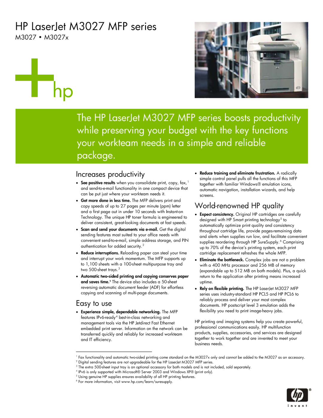 HP M3027x manual Increases productivity, Easy to use, World-renowned HP quality 