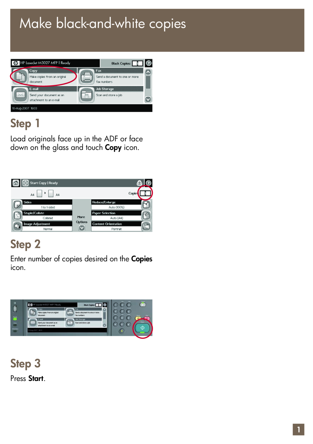 HP M3027x manual Make black-and-white copies, Step, Enter number of copies desired on the Copies icon, Press Start 