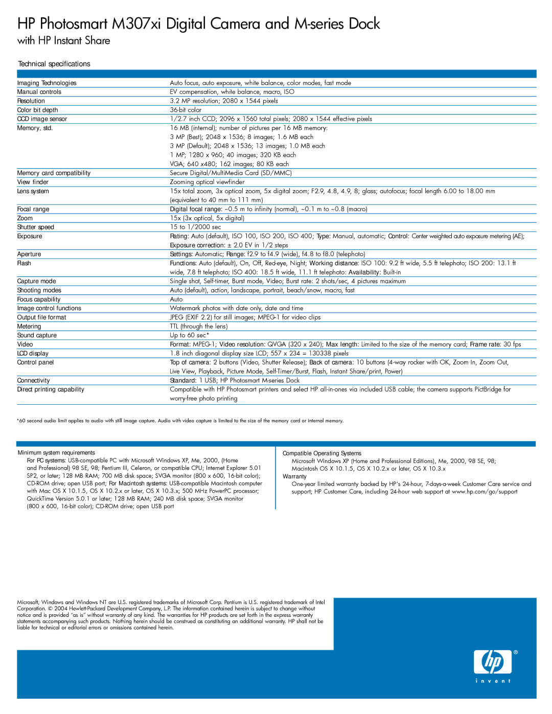 HP M307xi manual Technical specifications 