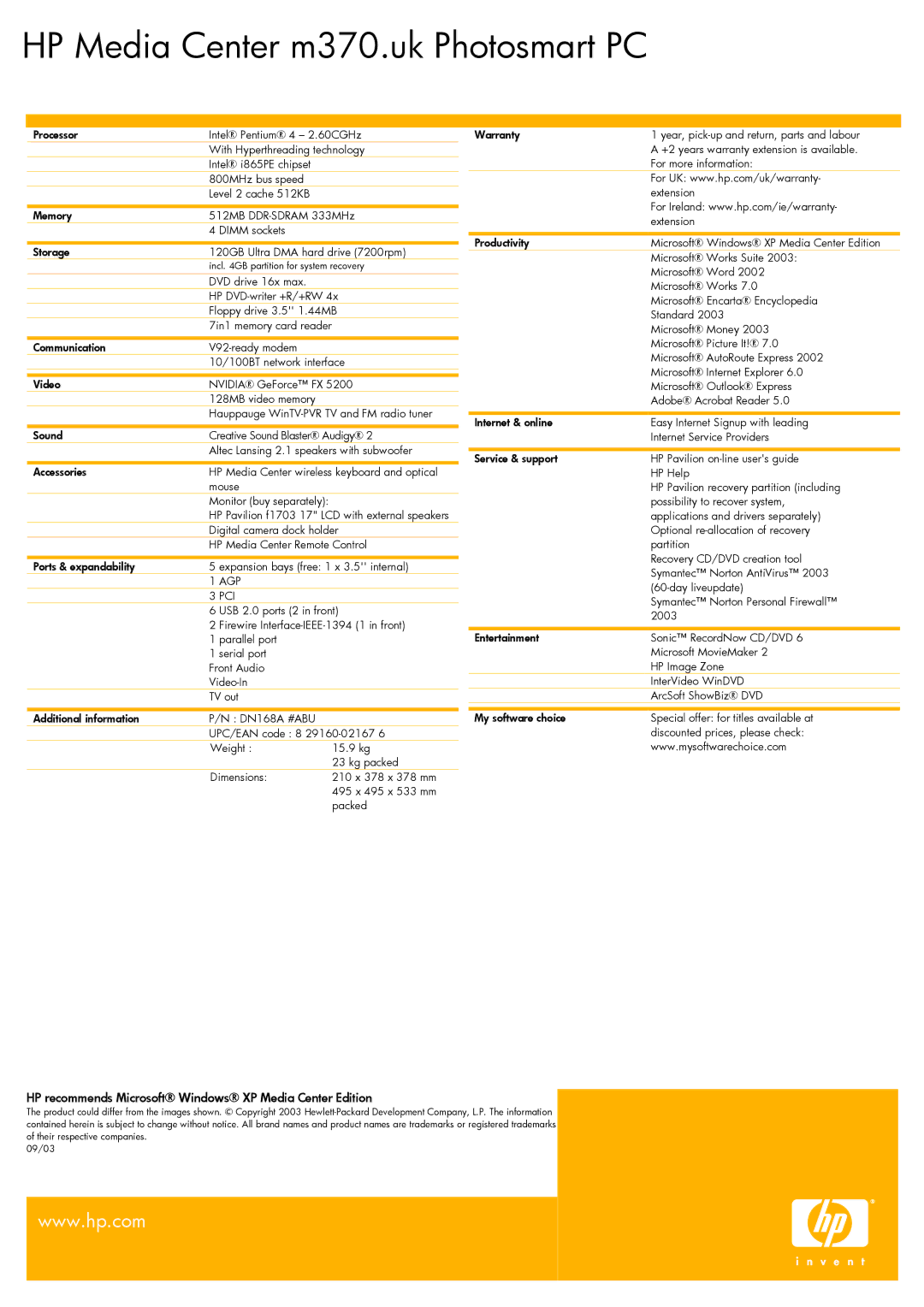 HP m370.uk manual HP recommends Microsoft Windows XP Media Center Edition, Agp Pci 