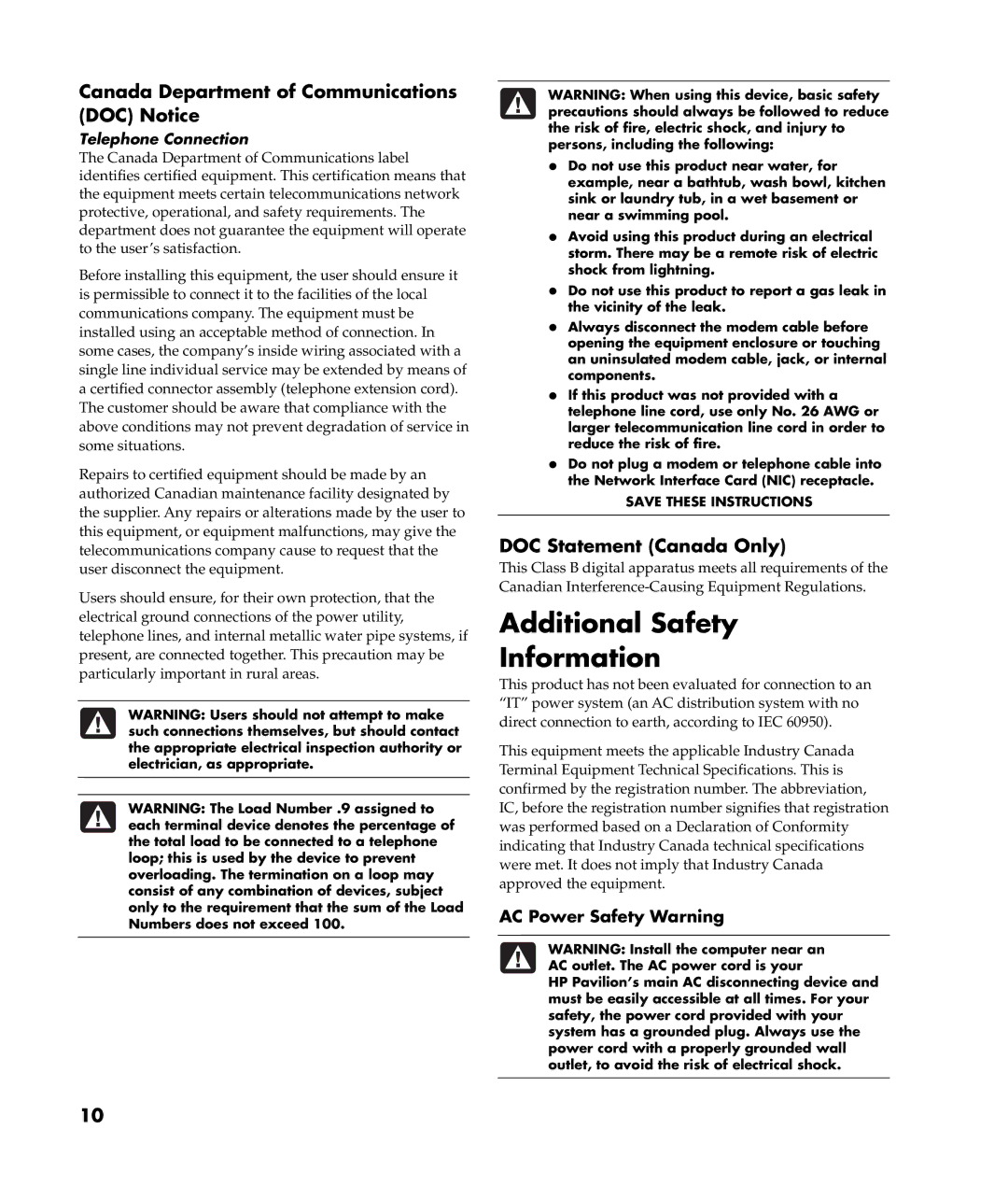 HP m400y (D7222P) Additional Safety Information, Canada Department of Communications DOC Notice, DOC Statement Canada Only 