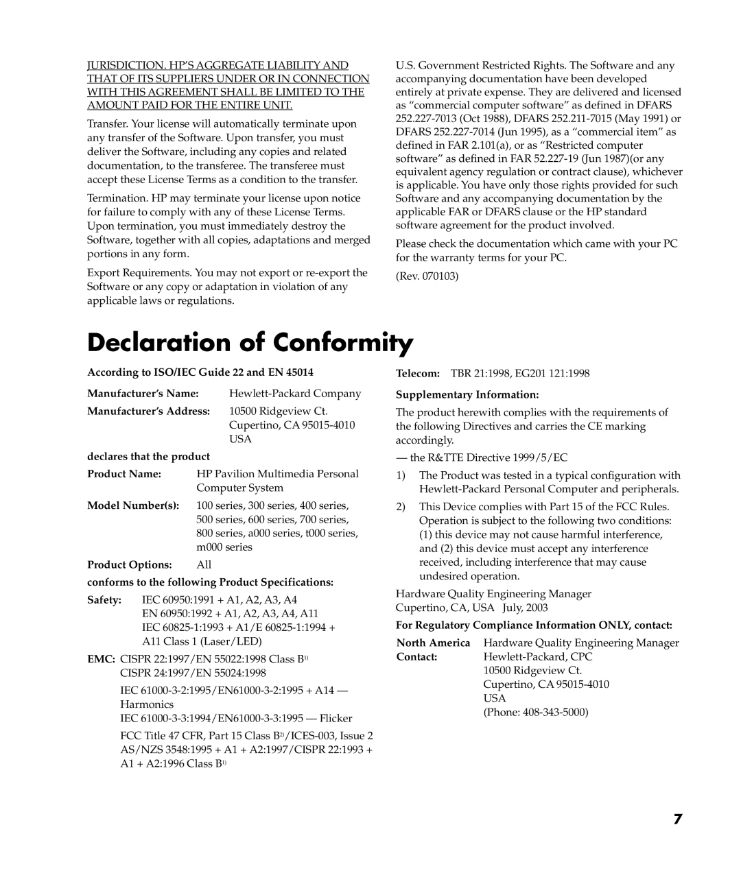 HP m400y (D7222P) manual Declaration of Conformity 