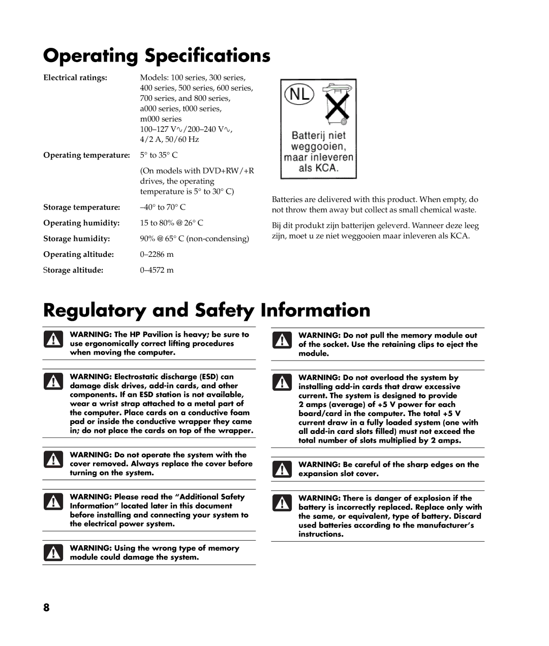 HP m400y (D7222P) manual Operating Specifications, Regulatory and Safety Information 