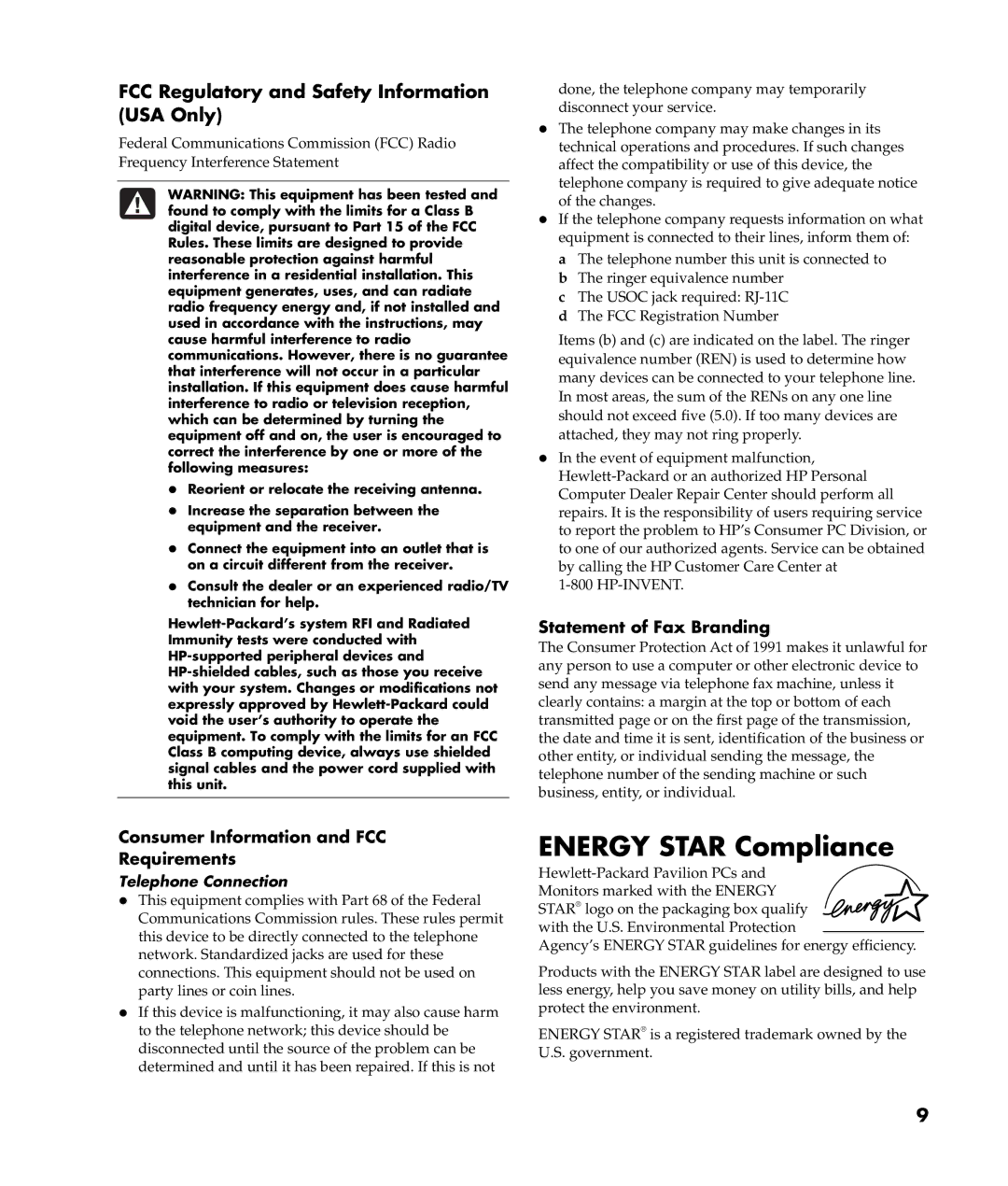 HP m400y (D7222P) manual Energy Star Compliance, FCC Regulatory and Safety Information USA Only, Statement of Fax Branding 