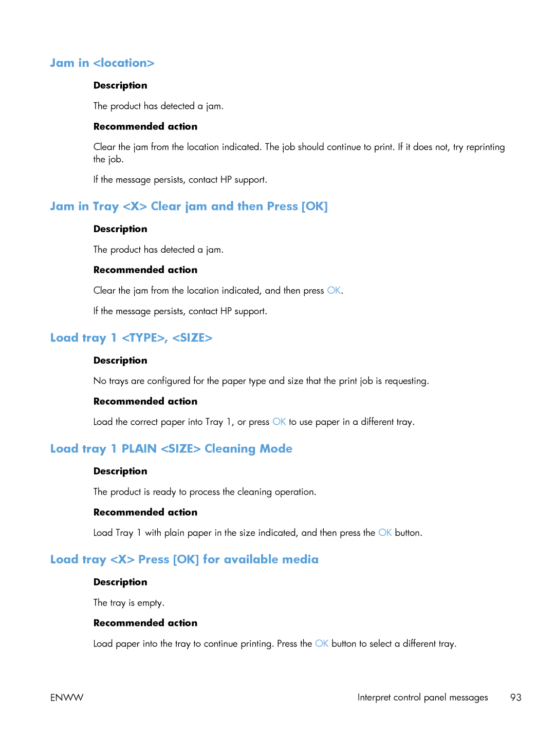 HP M401 manual Jam in location, Jam in Tray X Clear jam and then Press OK, Load tray 1 TYPE, Size 