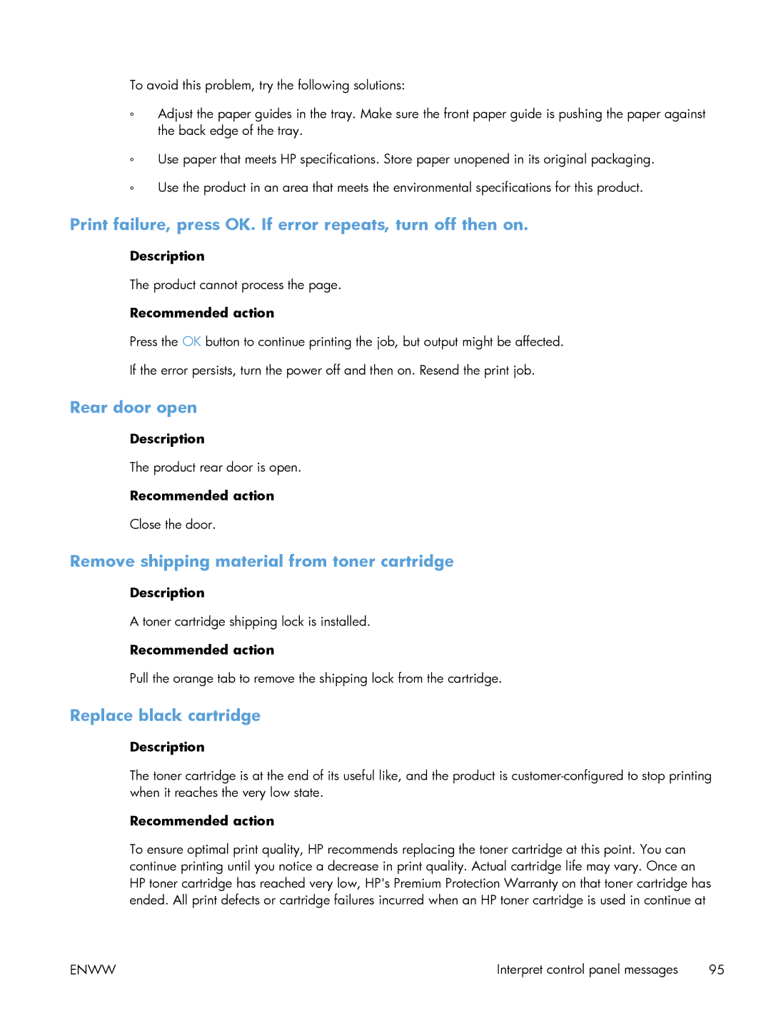 HP M401 manual Print failure, press OK. If error repeats, turn off then on, Rear door open, Replace black cartridge 