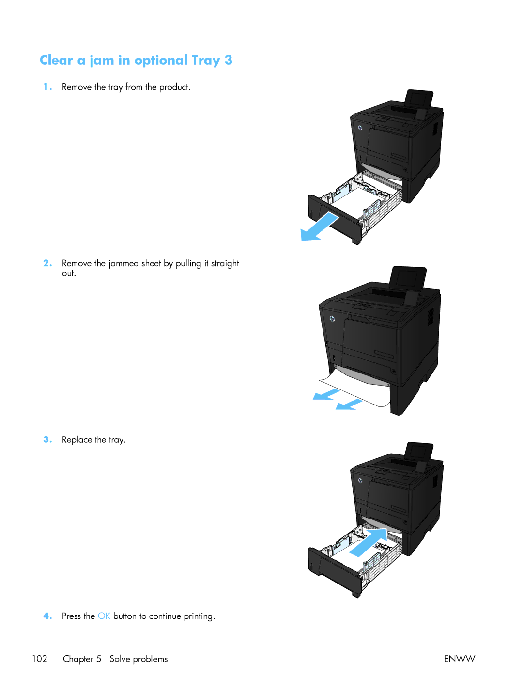 HP M401 manual Clear a jam in optional Tray 