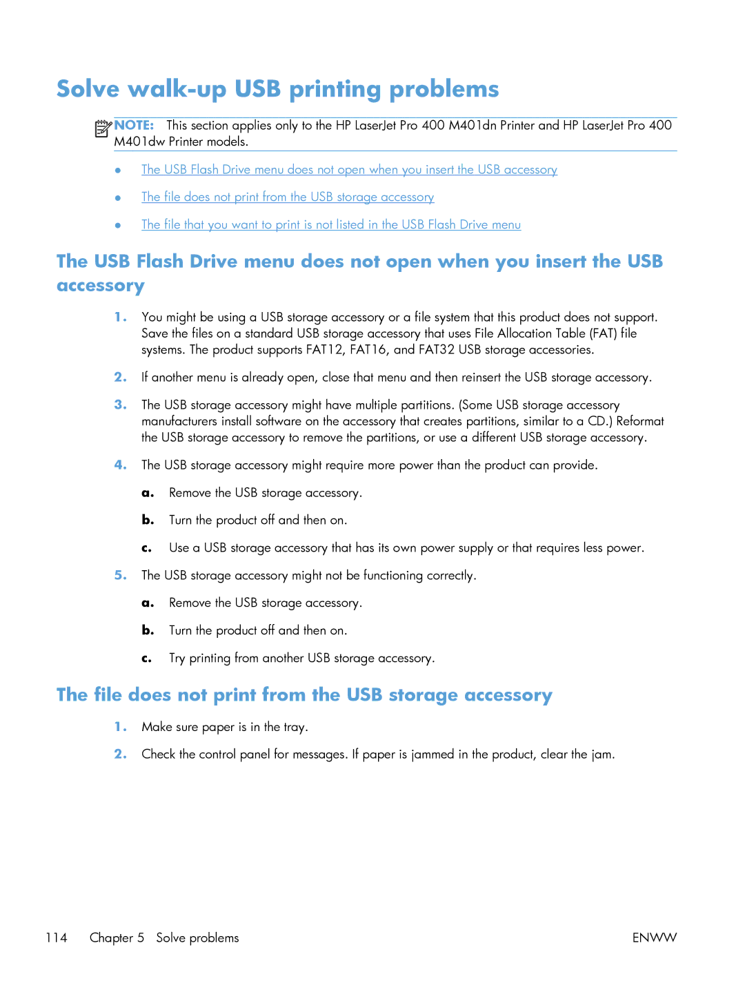 HP M401 manual Solve walk-up USB printing problems, File does not print from the USB storage accessory 