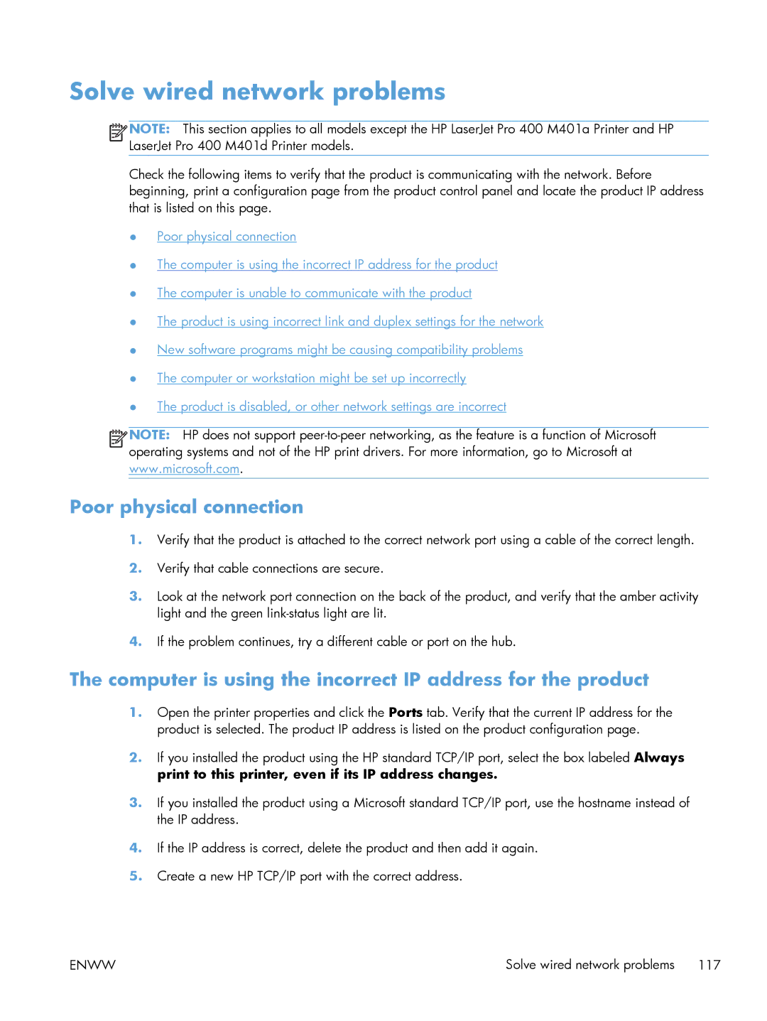 HP M401 Solve wired network problems, Poor physical connection, Computer is using the incorrect IP address for the product 