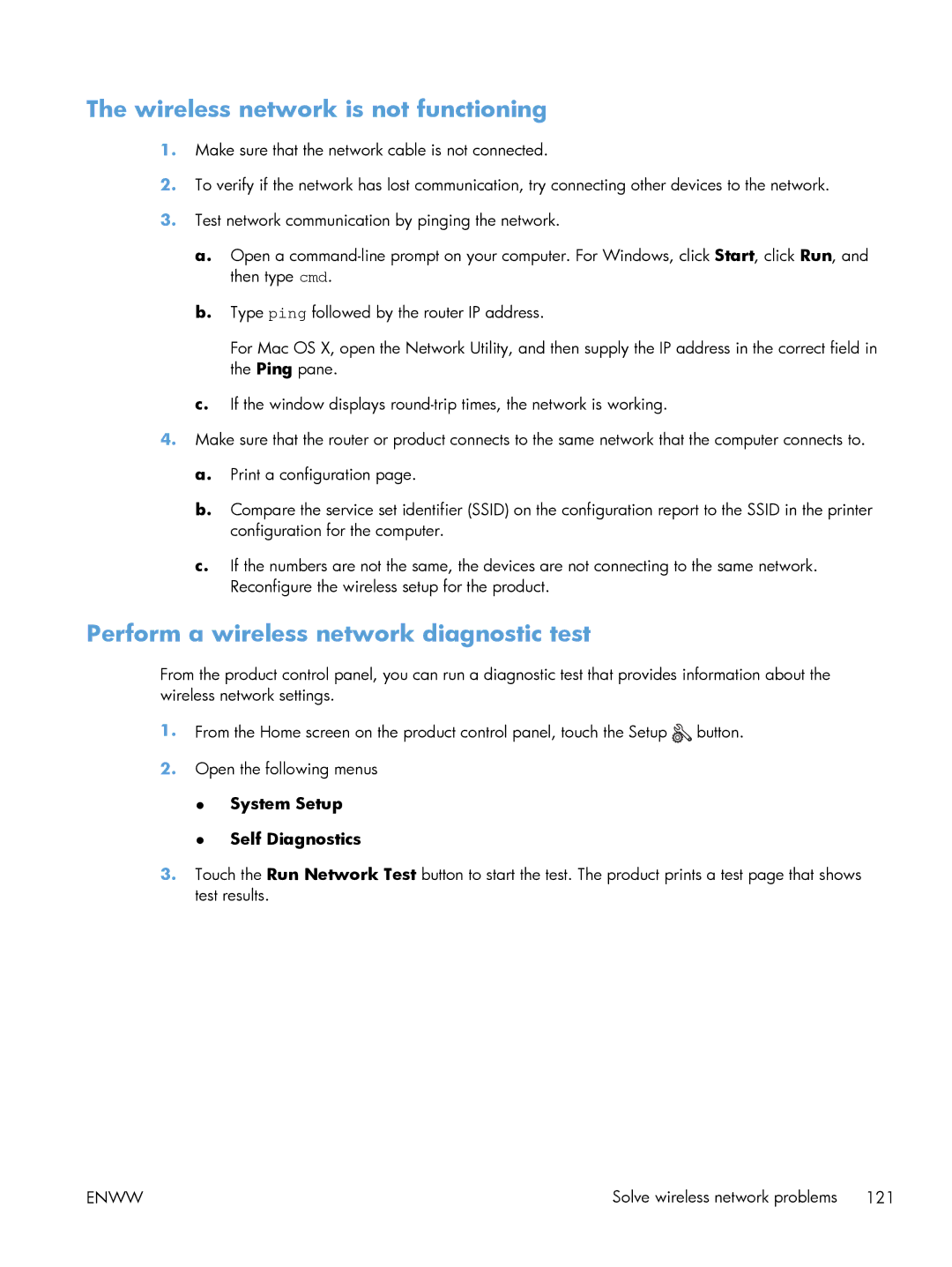 HP M401 Wireless network is not functioning, Perform a wireless network diagnostic test, System Setup Self Diagnostics 