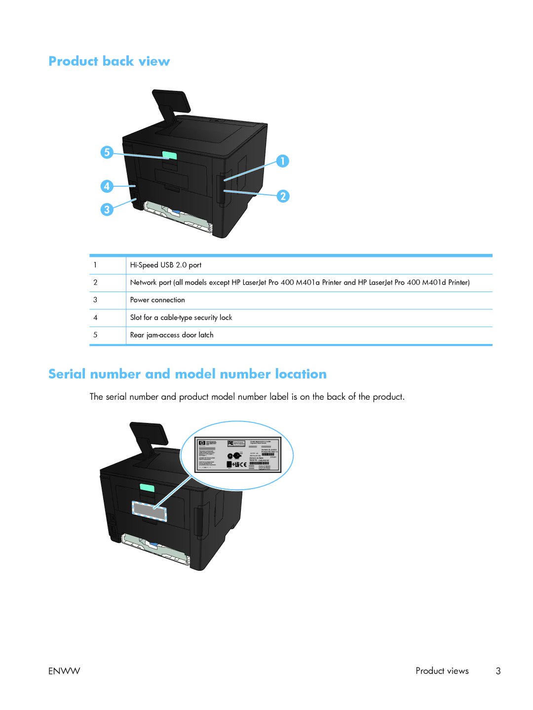 HP M401 manual Product back view, Serial number and model number location 