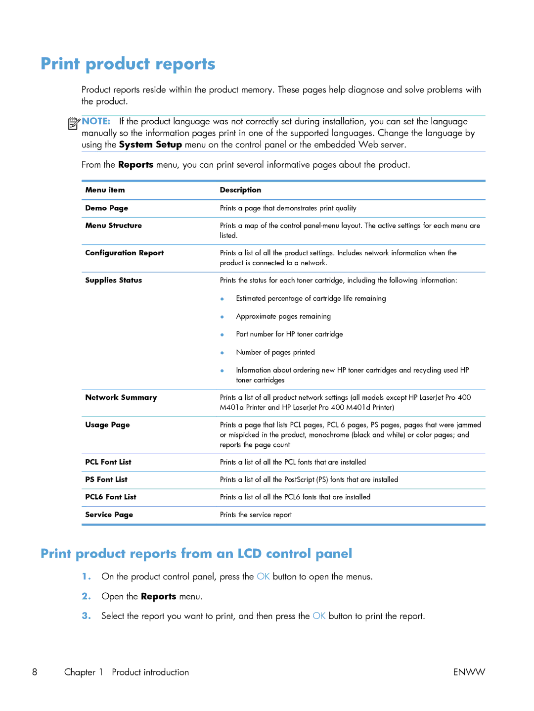 HP M401 manual Print product reports from an LCD control panel 