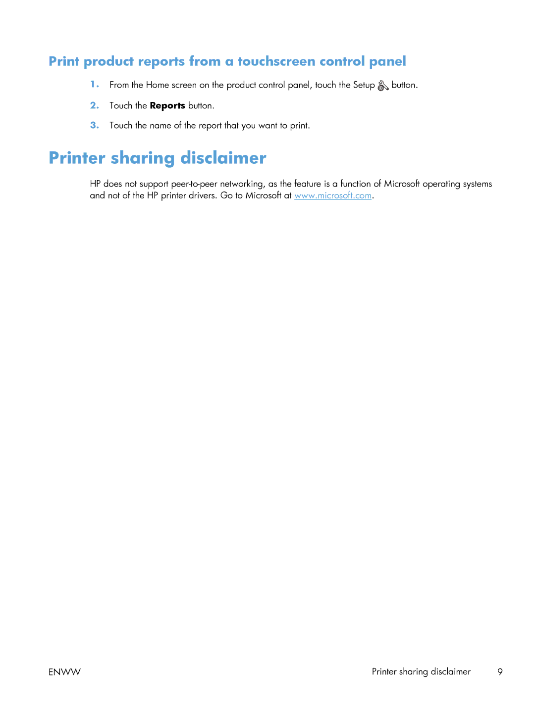 HP M401 manual Printer sharing disclaimer, Print product reports from a touchscreen control panel 
