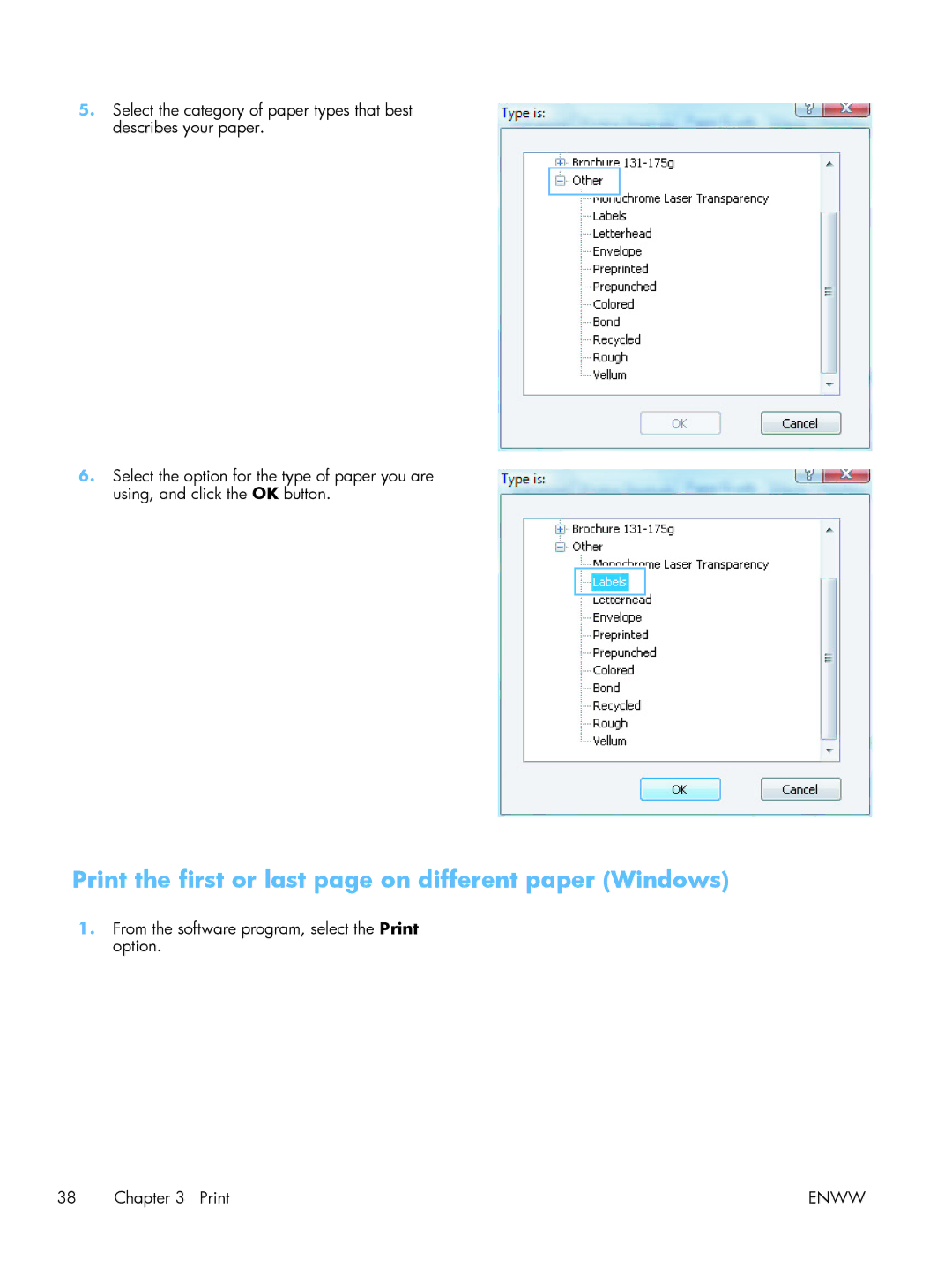 HP M401 manual Print the first or last page on different paper Windows 