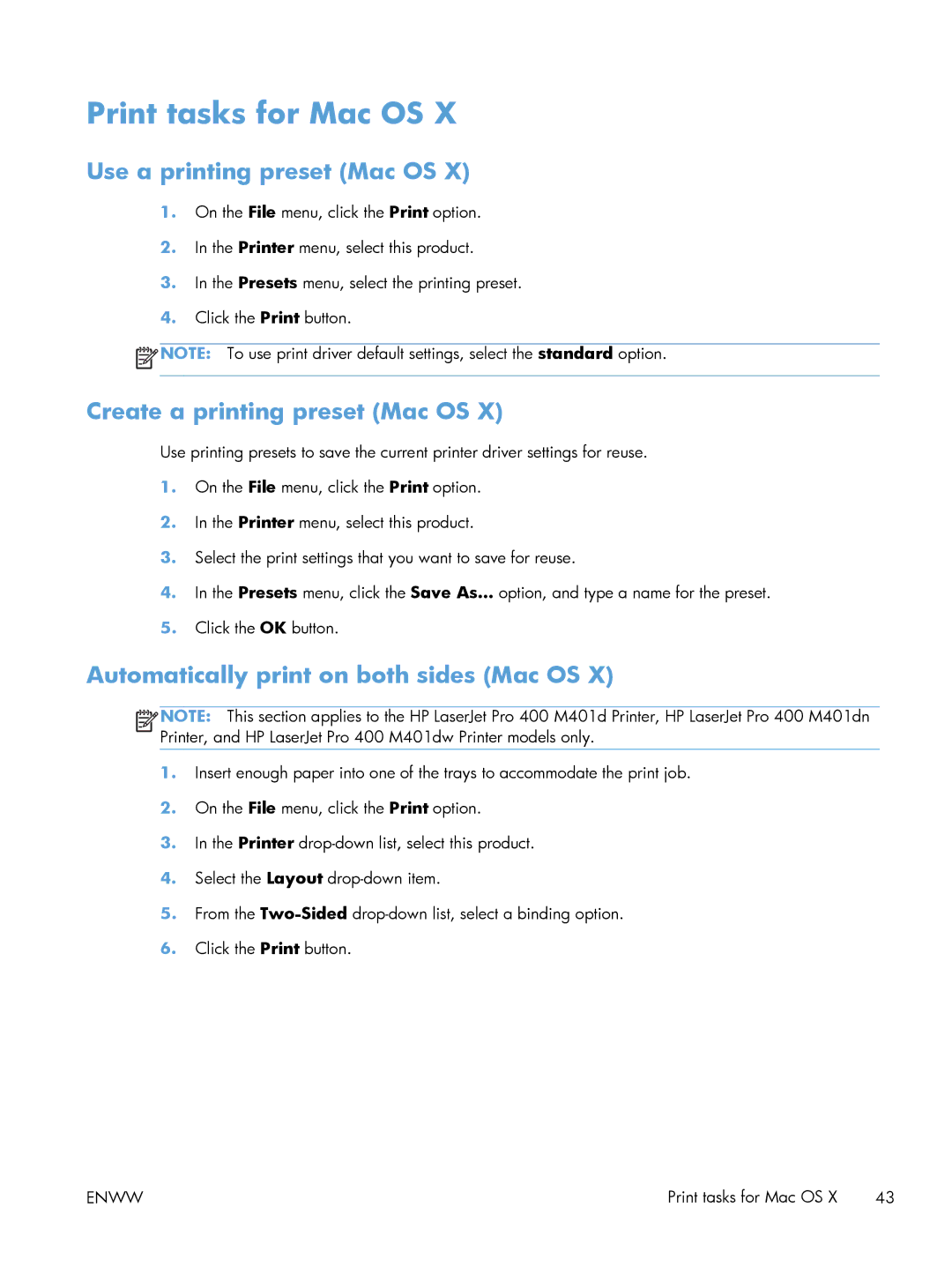 HP M401 manual Print tasks for Mac OS, Use a printing preset Mac OS, Create a printing preset Mac OS 