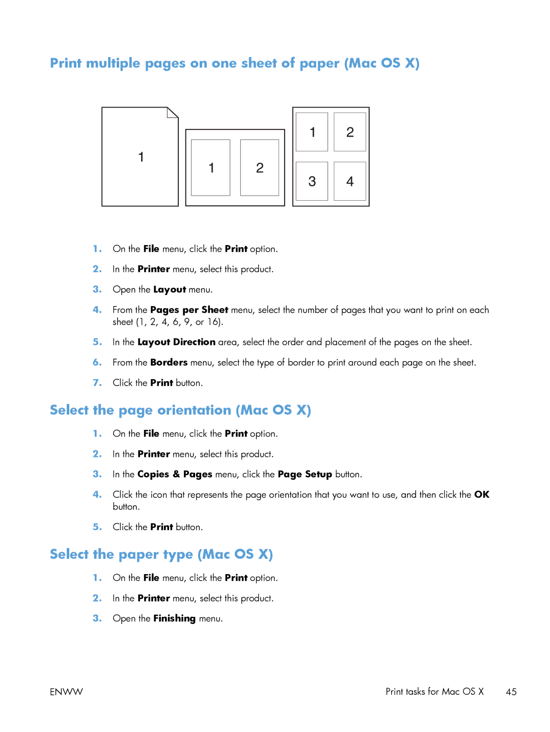 HP M401 manual Print multiple pages on one sheet of paper Mac OS, Select the page orientation Mac OS 