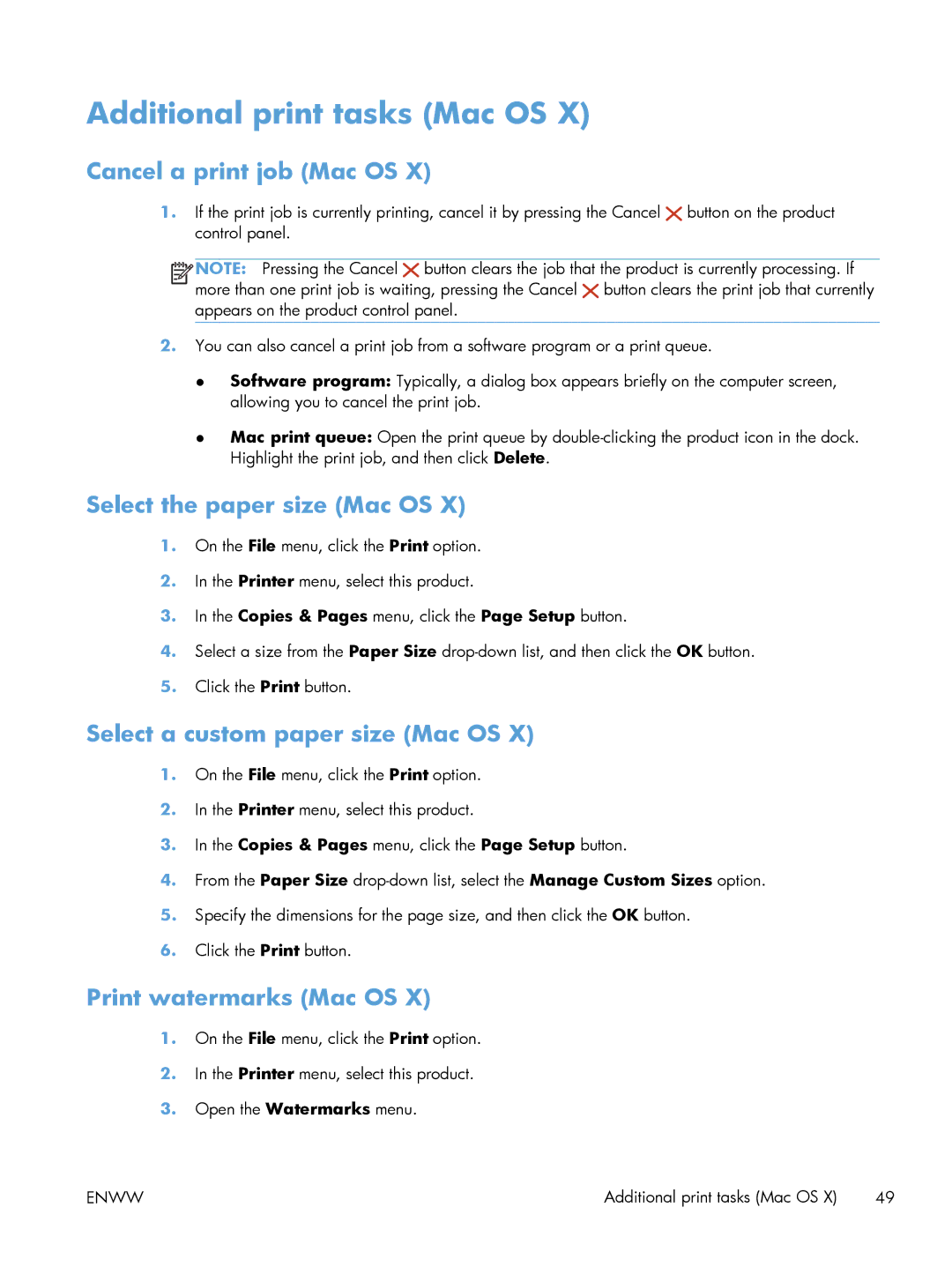 HP M401 Additional print tasks Mac OS, Cancel a print job Mac OS, Select the paper size Mac OS, Print watermarks Mac OS 