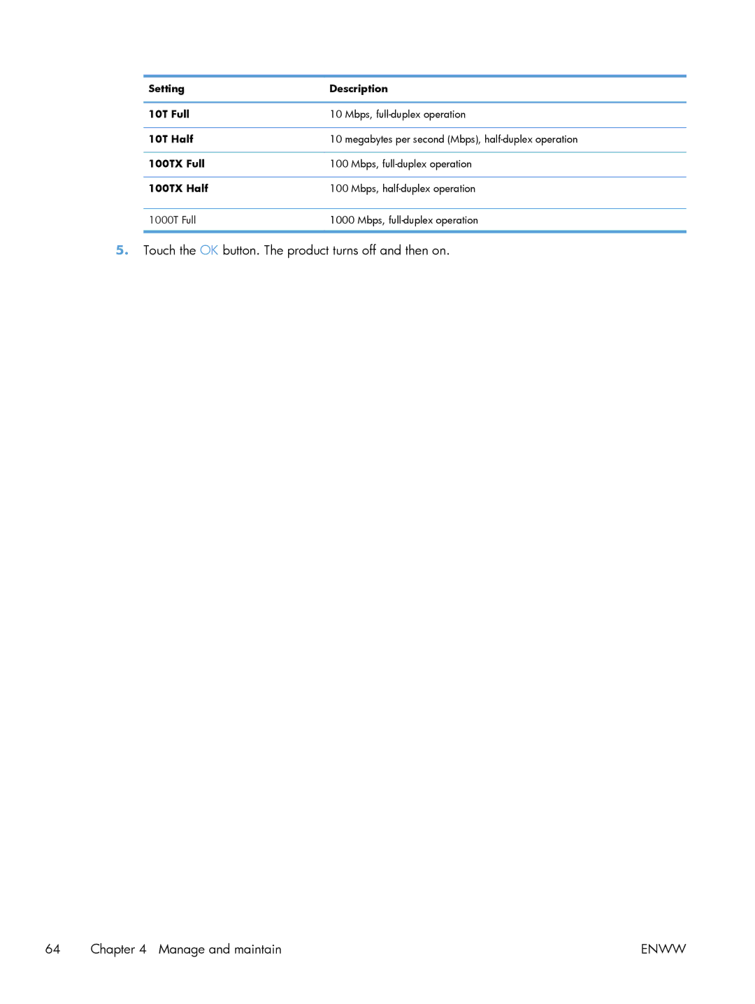 HP M401 manual Setting Description 10T Full 