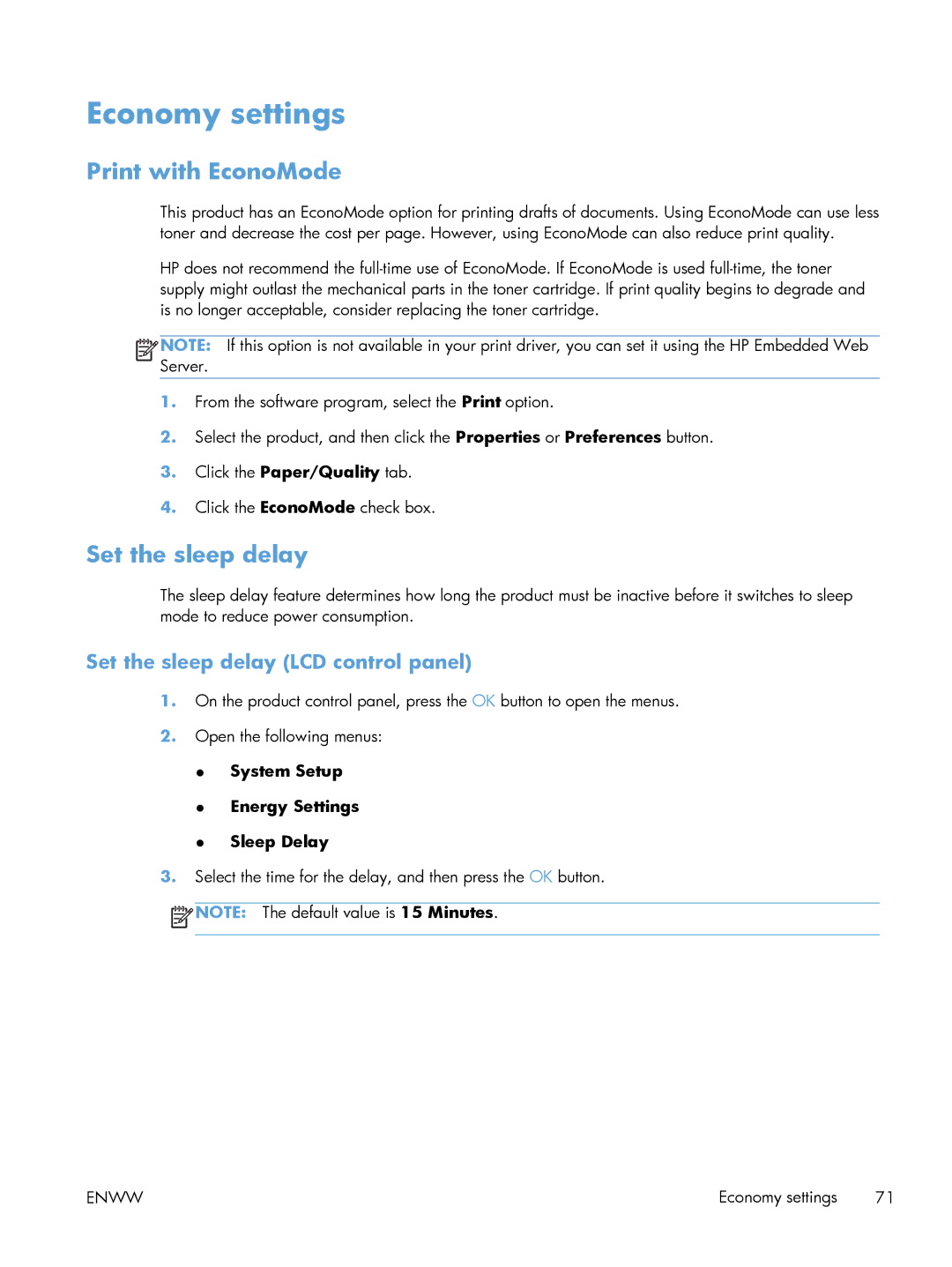 HP M401 manual Economy settings, Print with EconoMode, Set the sleep delay LCD control panel 