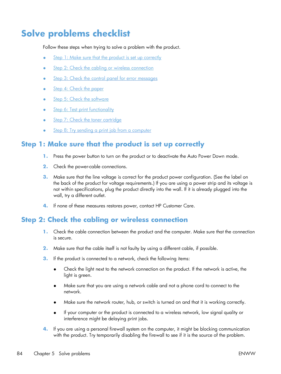 HP M401 Solve problems checklist, Make sure that the product is set up correctly, Check the cabling or wireless connection 