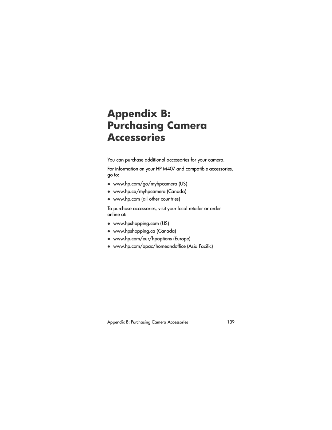 HP M407 manual Appendix B Purchasing Camera Accessories 