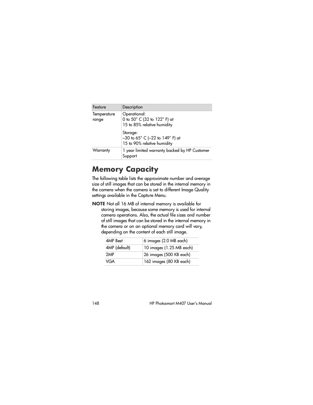 HP M407 manual Memory Capacity 