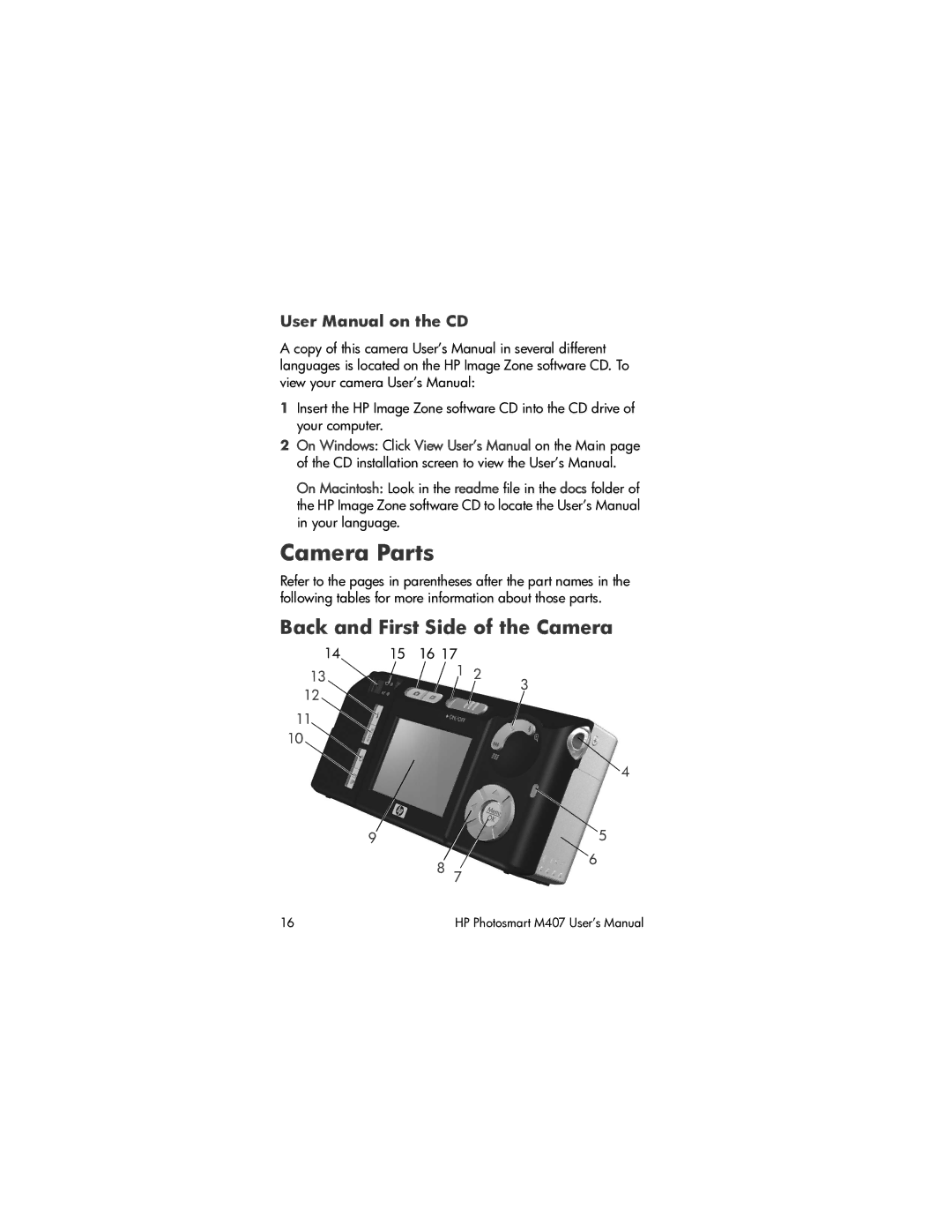 HP M407 manual Camera Parts, Back and First Side of the Camera 