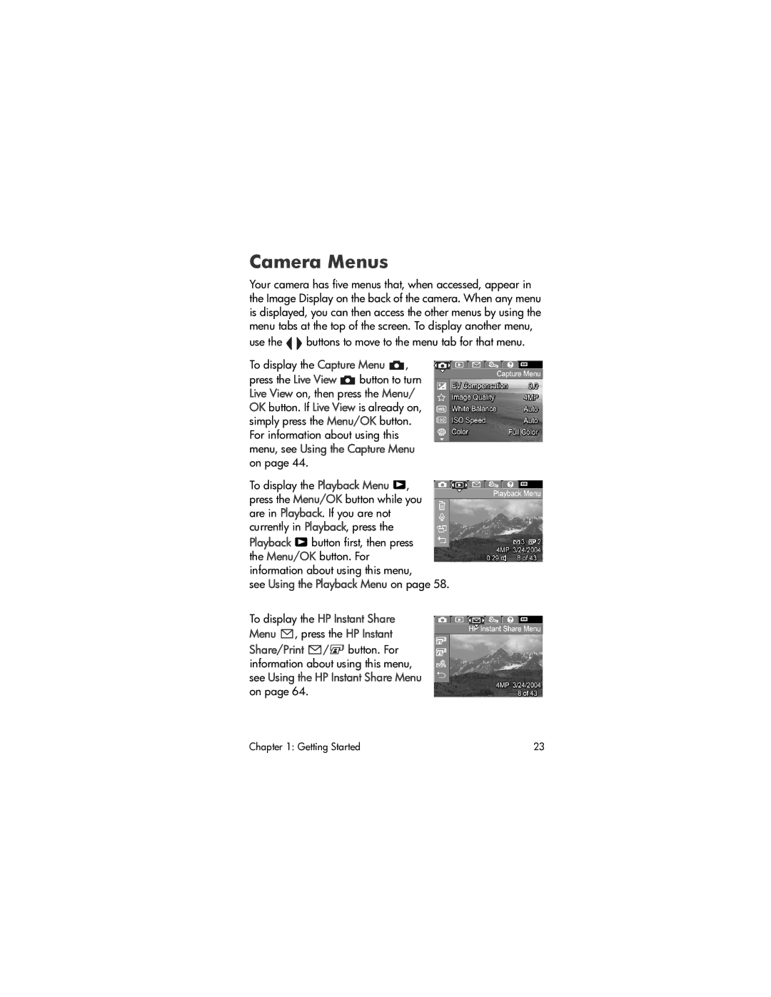 HP M407 manual Camera Menus 