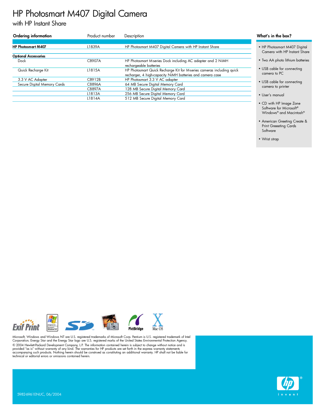 HP M407 manual Ordering information Product number Description, What’s in the box? 