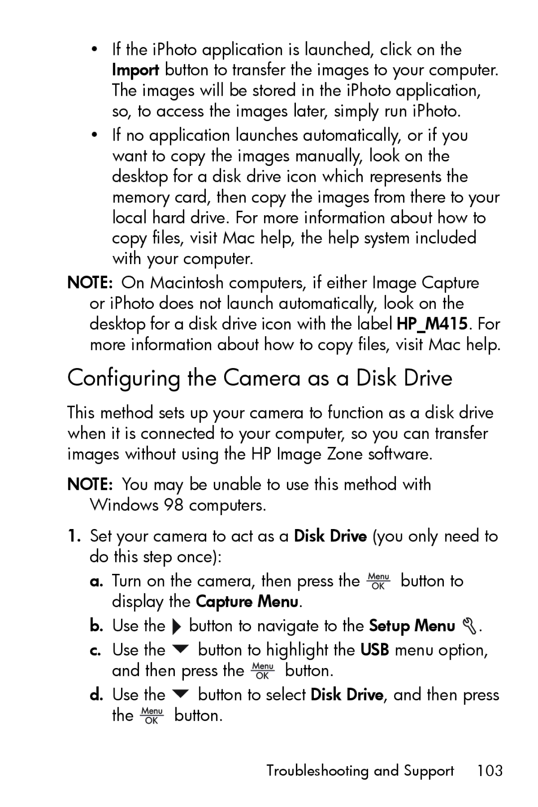 HP M415 manual Configuring the Camera as a Disk Drive 