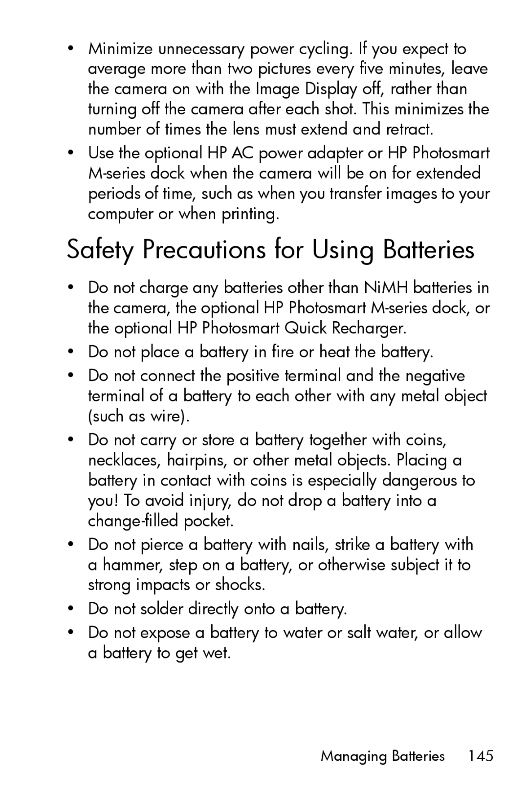 HP M415 manual Safety Precautions for Using Batteries 