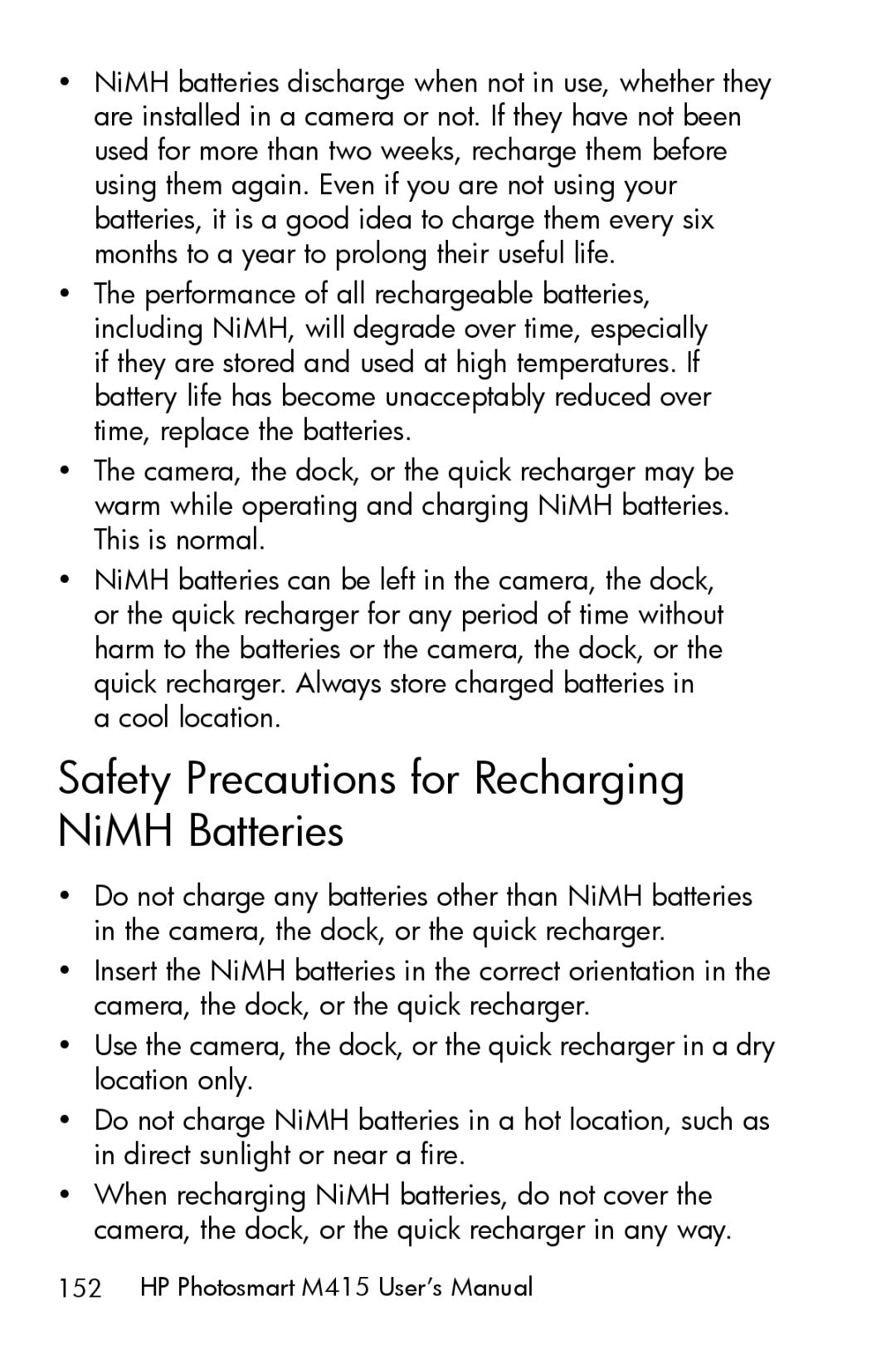 HP M415 manual Safety Precautions for Recharging NiMH Batteries 