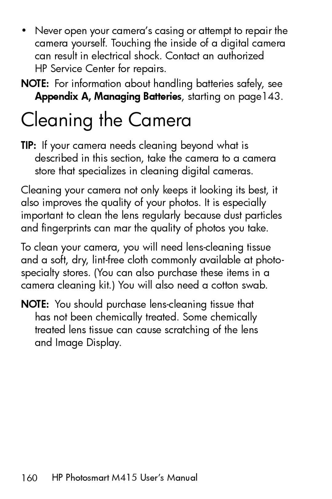 HP M415 manual Cleaning the Camera 