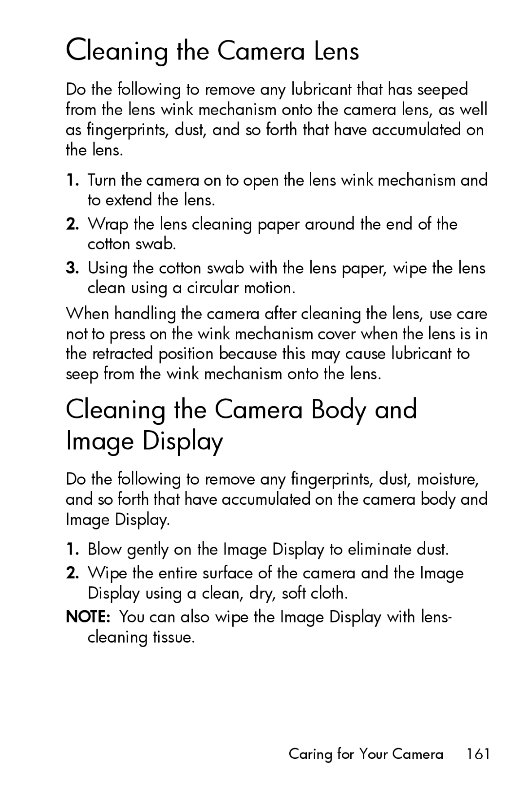 HP M415 manual Cleaning the Camera Lens, Cleaning the Camera Body and Image Display 